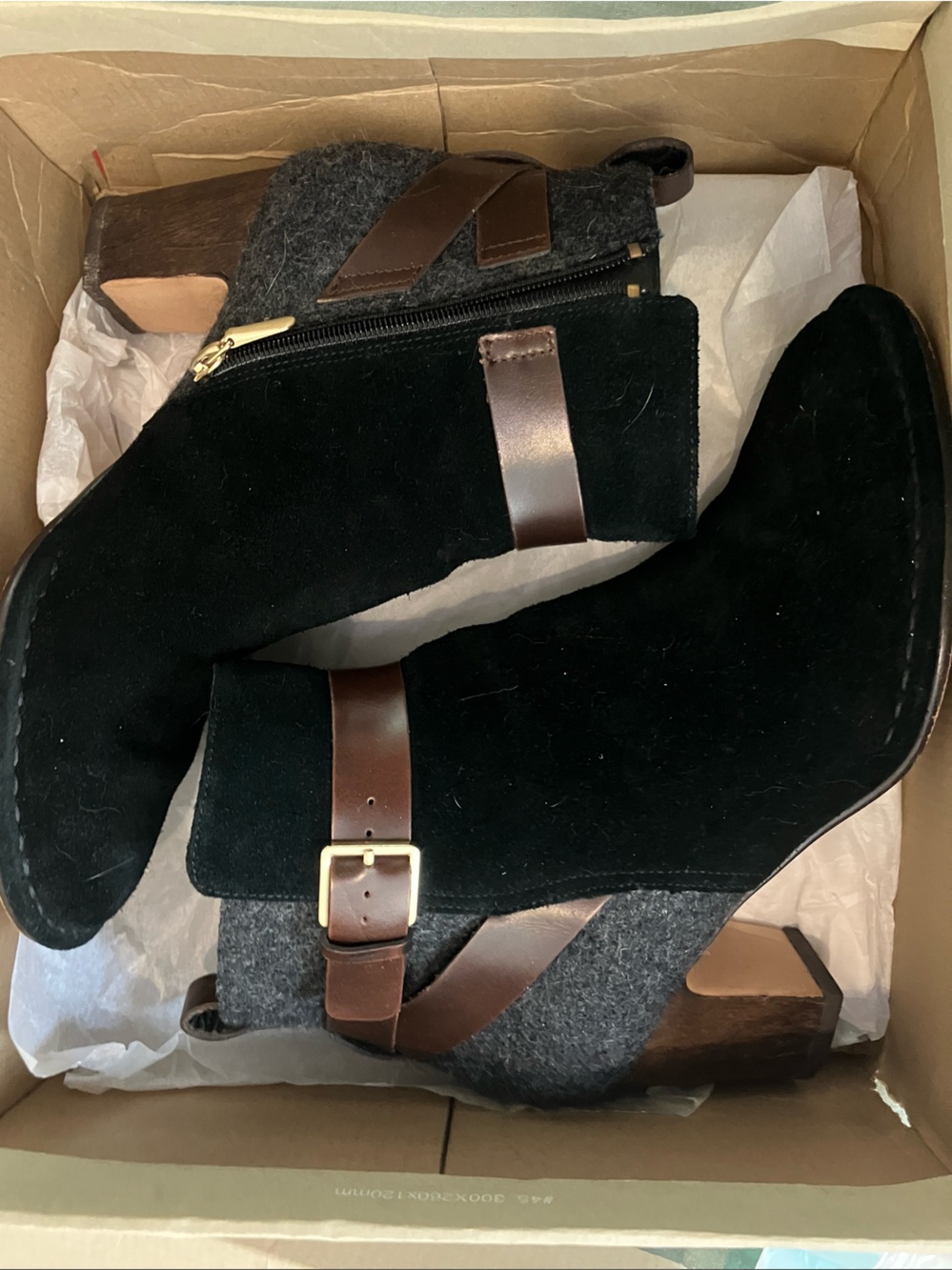 Clarks Black Suede Ankle Booties with Brown Leather Straps